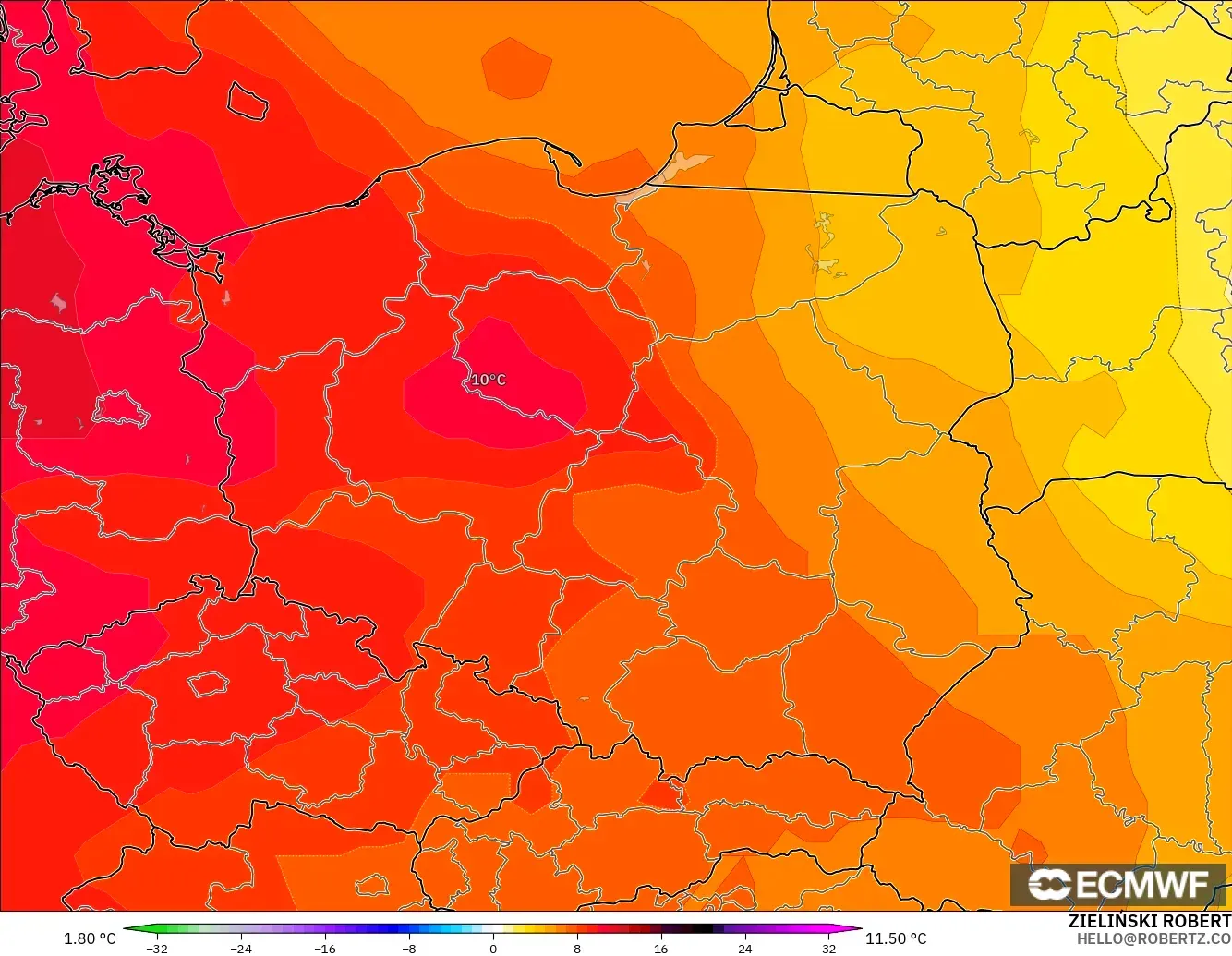 ECMWF IFS 0.25° modelo - Polonia, Anomalía de temperatura a 850 hPa