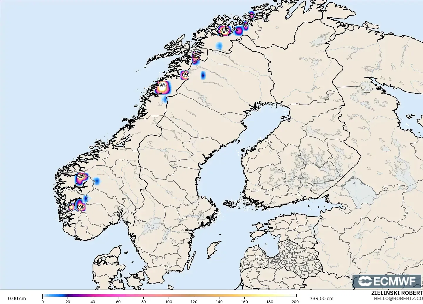 ECMWF IFS 0.25° modelo - Escandinavia, Profundidad de nieve