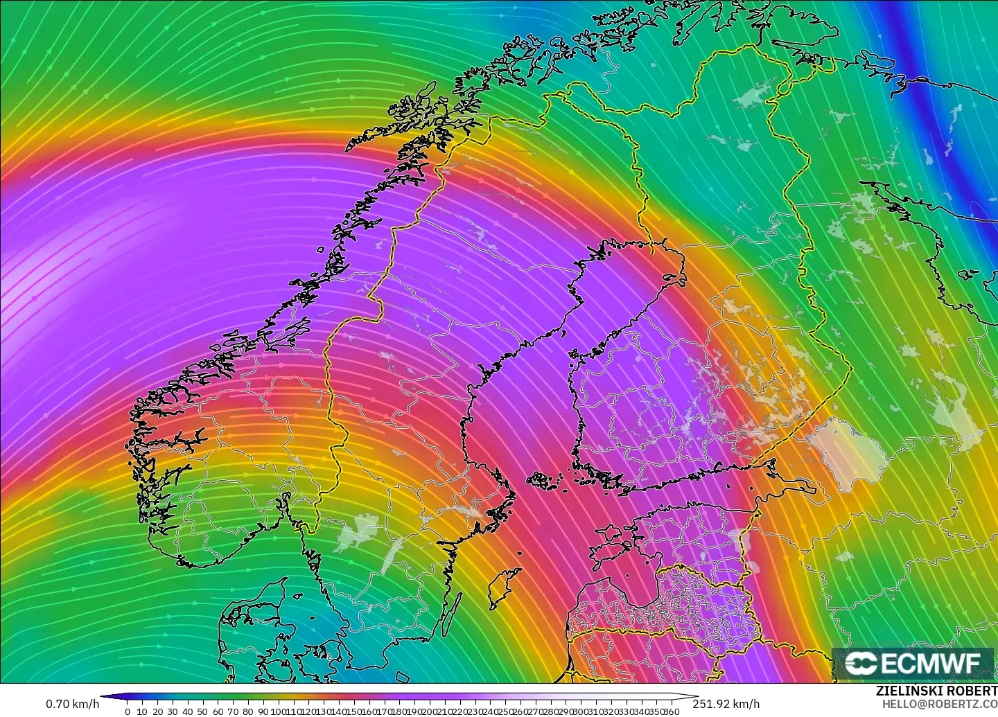 ECMWF IFS 0.25° modelo - Escandinavia, Viento a 300 hPa (corriente en chorro)