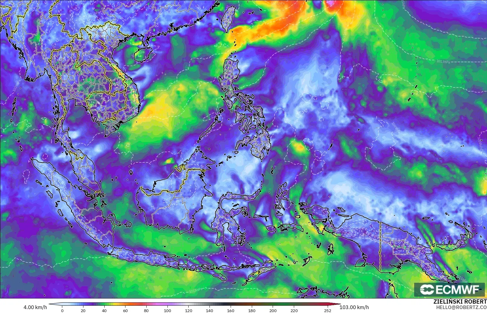 ECMWF IFS 0.25° modelo - Sudeste Asiático, Ráfagas de viento