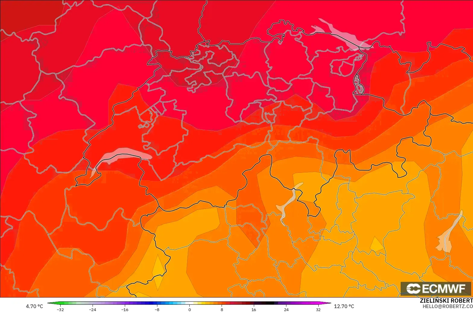 ECMWF IFS 0.25° modelo - Suiza, Anomalía de temperatura a 850 hPa