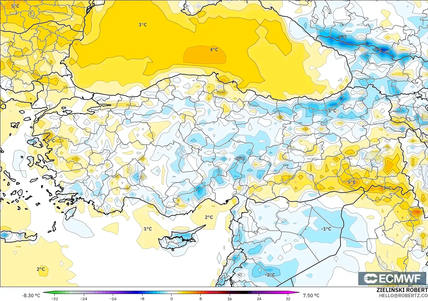 ECMWF IFS 0.25° modelo - Turquía, Anomalía de temperatura a 2 m
