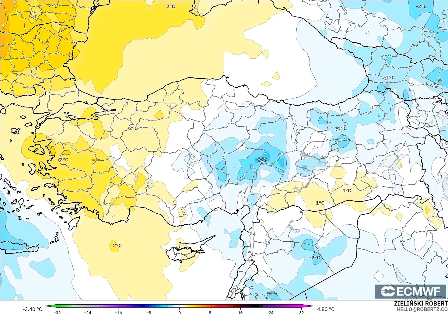 ECMWF IFS 0.25° modelo - Turquía, Anomalía de temperatura a 850 hPa