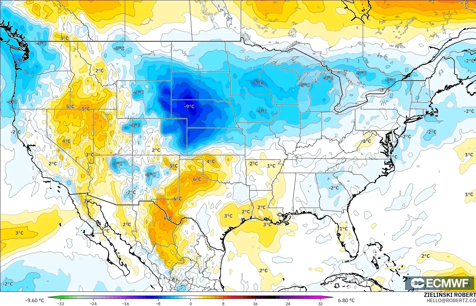 ECMWF IFS 0.25° modelo - Estados Unidos, Anomalía de temperatura a 850 hPa