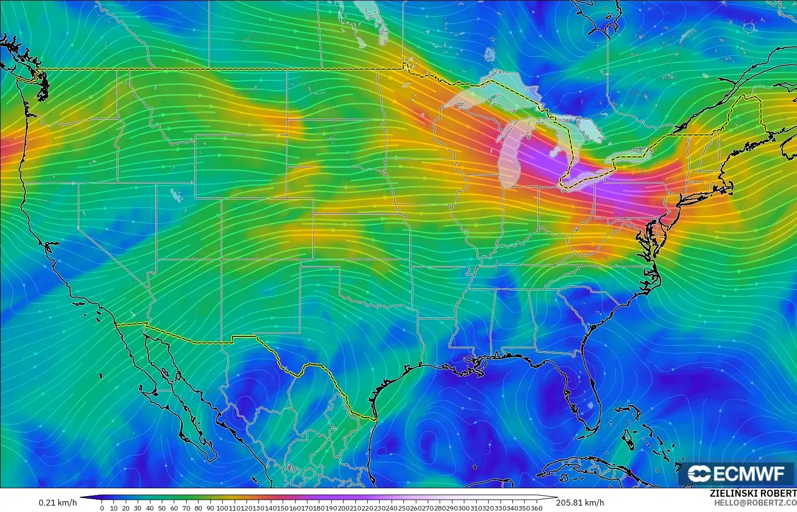 ECMWF IFS 0.25° modelo - Estados Unidos, Viento a 300 hPa (corriente en chorro)
