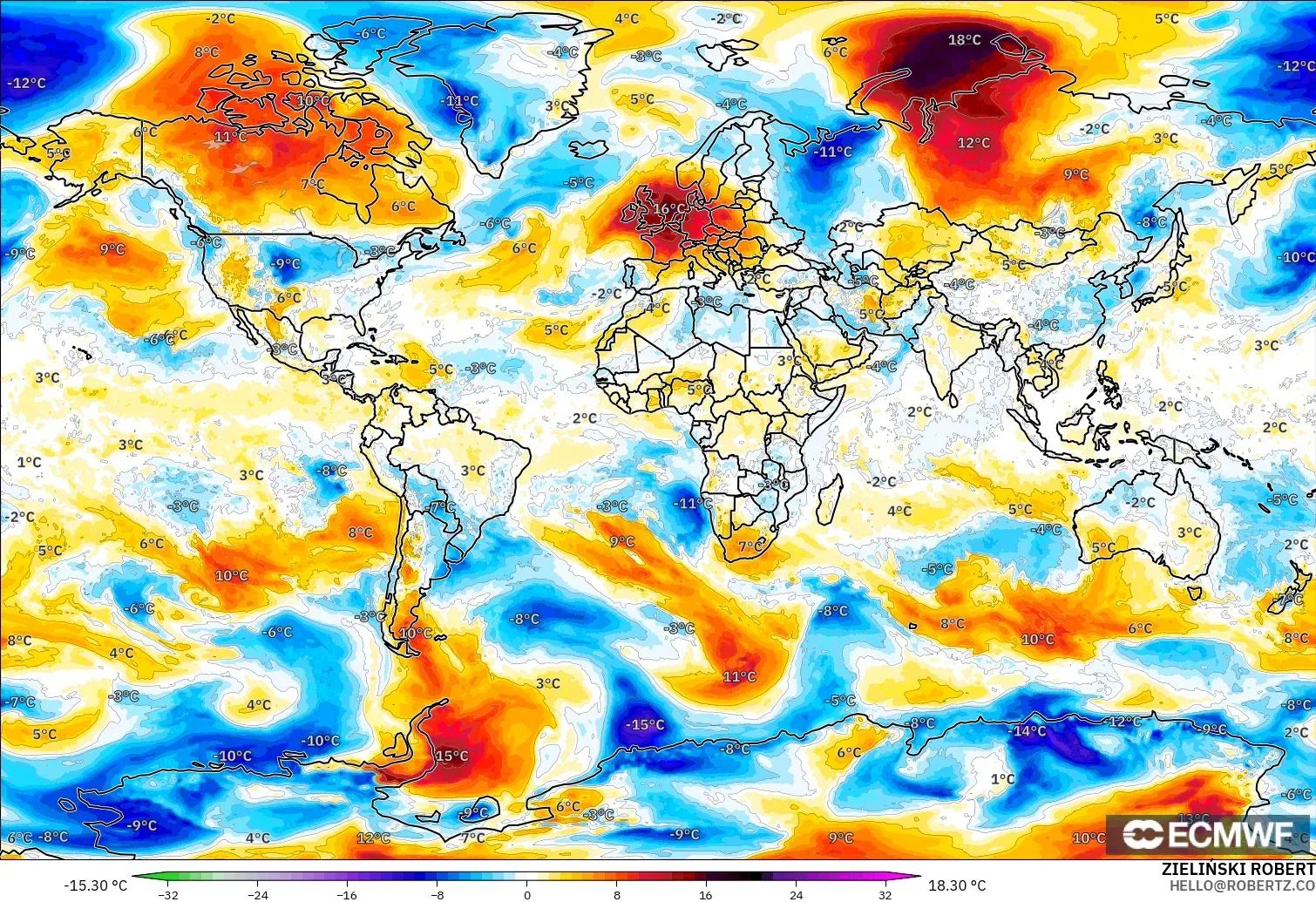 ECMWF IFS 0.25° modelo - Mundo, Anomalía de temperatura a 850 hPa