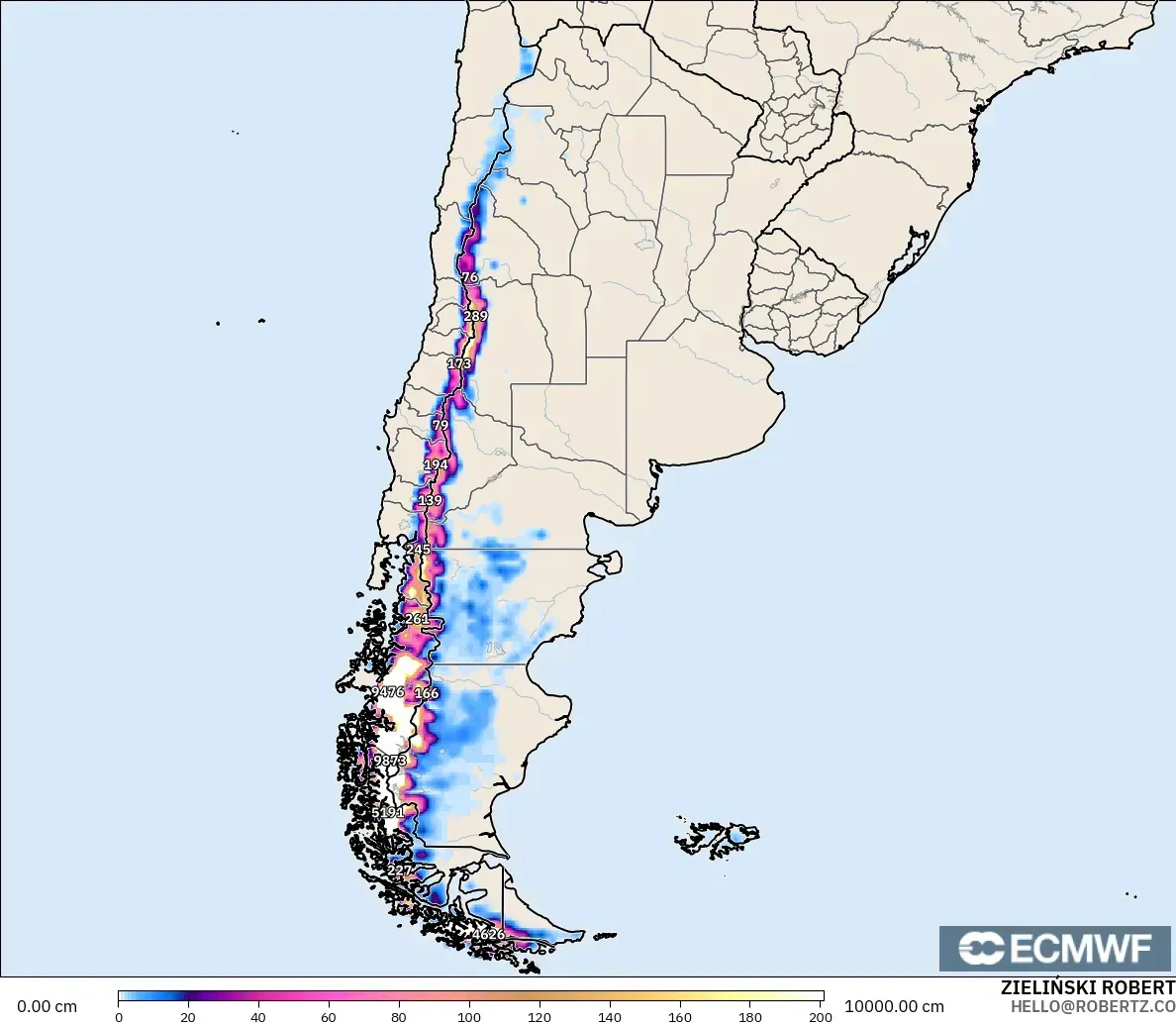 ECMWF IFS 0.25° modelo - Argentina, Profundidad de nieve