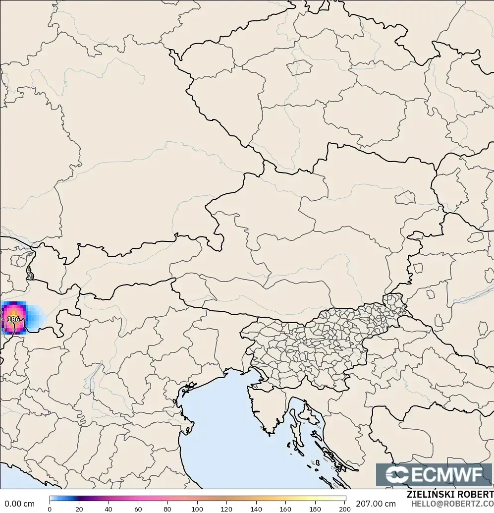 ECMWF IFS 0.25° modelo - Austria, Profundidad de nieve