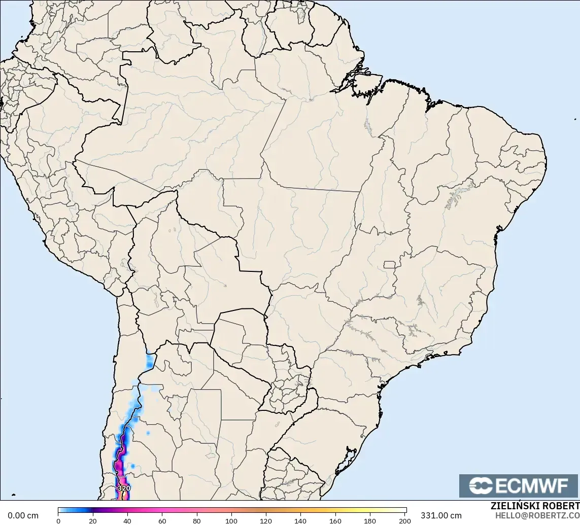 ECMWF IFS 0.25° modelo - Brasil, Profundidad de nieve