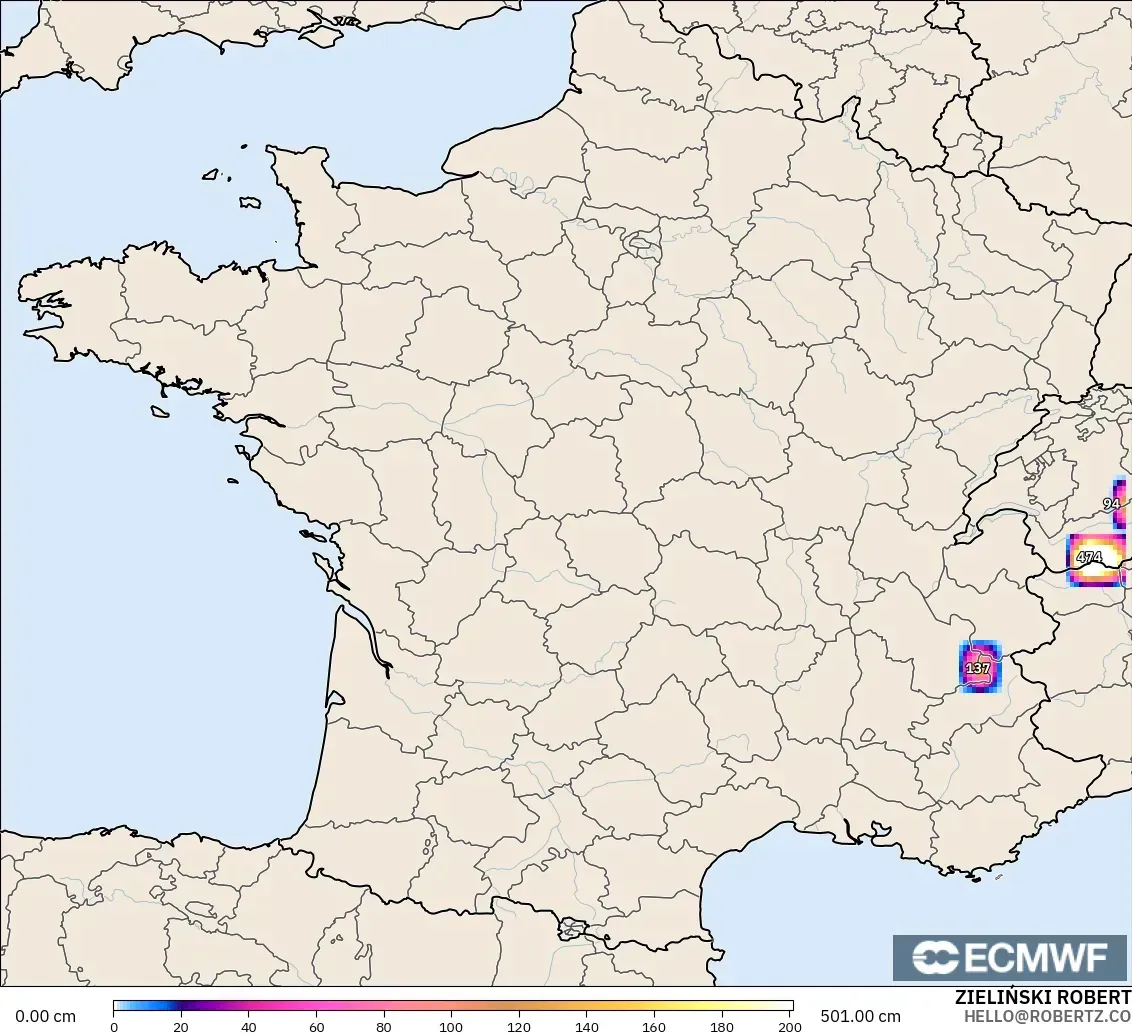 ECMWF IFS 0.25° modelo - Francia, Profundidad de nieve
