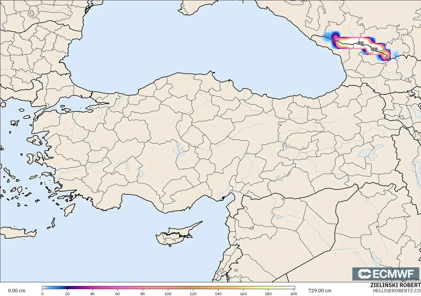 ECMWF IFS 0.25° modelo - Turquía, Profundidad de nieve