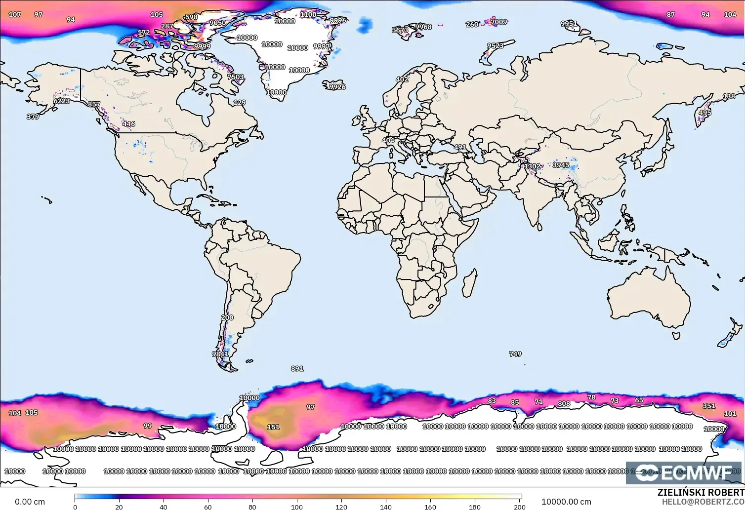 ECMWF IFS 0.25° modelo - Mundo, Profundidad de nieve