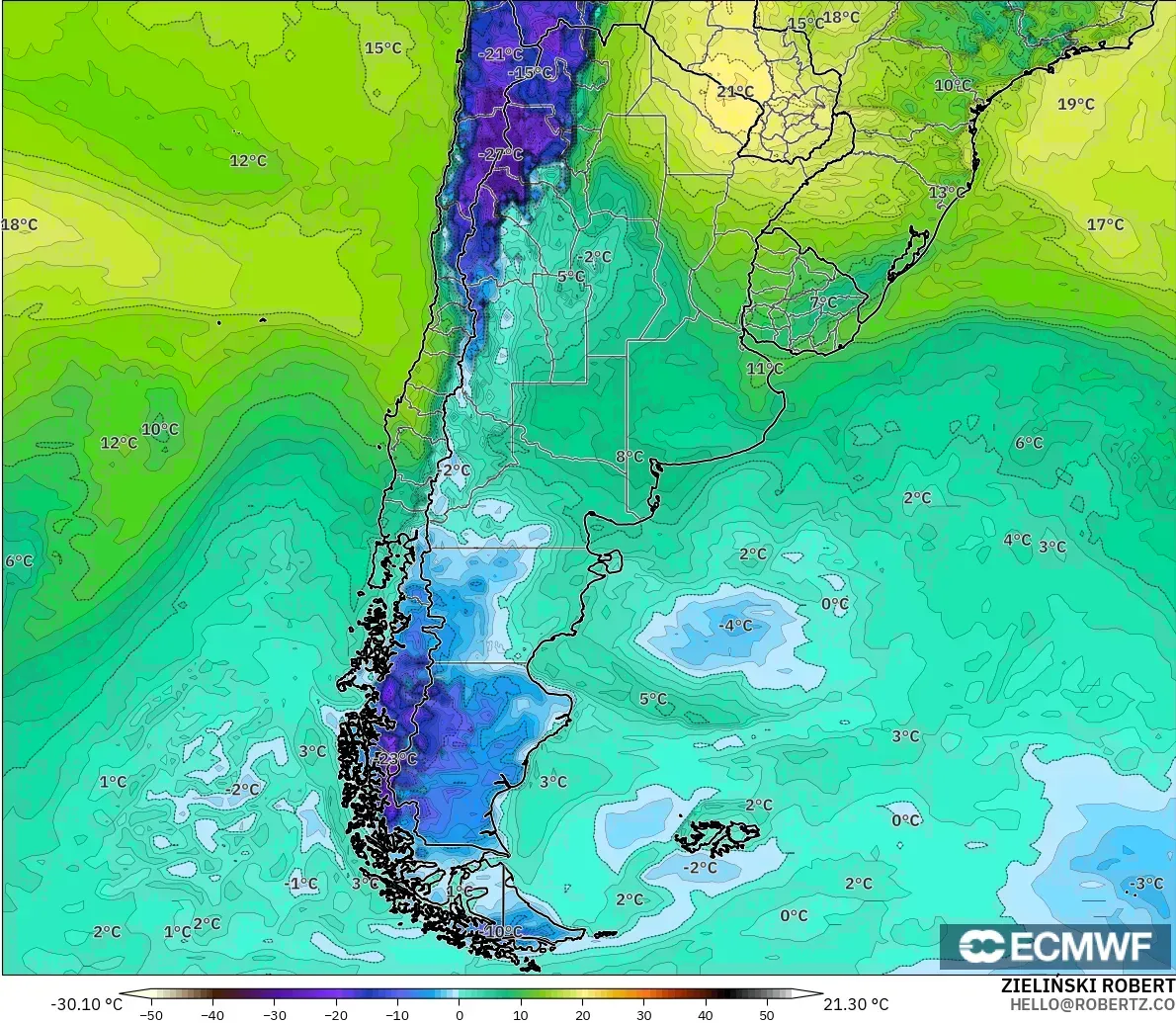 ECMWF IFS 0.25° modelo - Argentina, Punto de rocío a 2 m