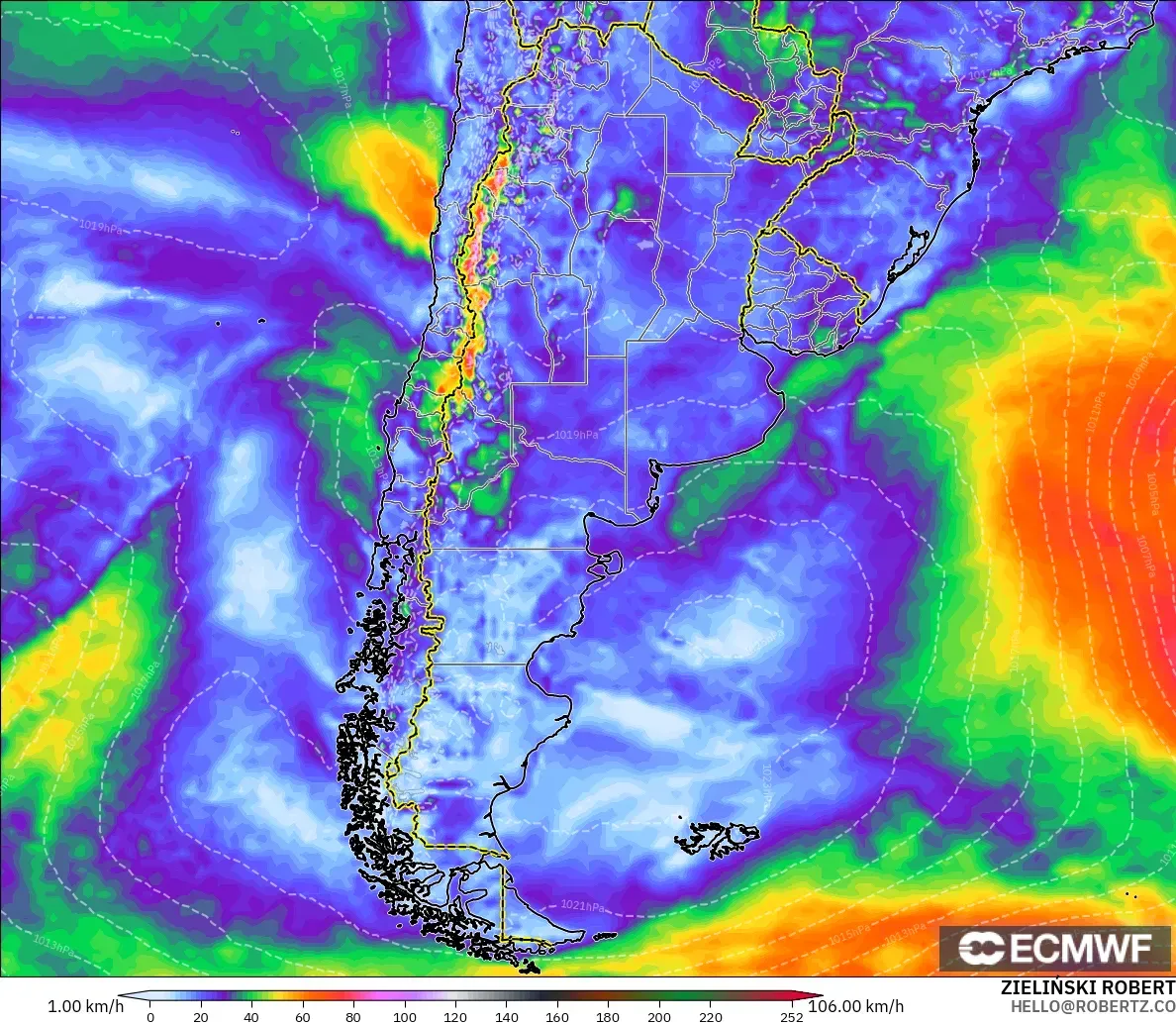 ECMWF IFS 0.25° modelo - Argentina, Ráfagas de viento