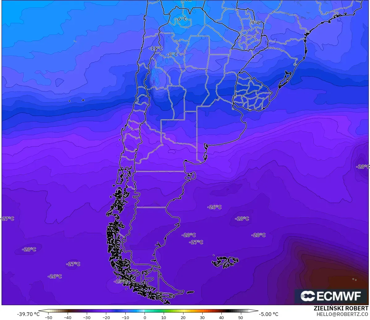 ECMWF IFS 0.25° modelo - Argentina, Temperatura a 500 hPa