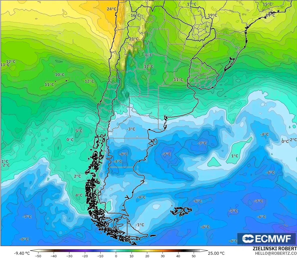 ECMWF IFS 0.25° modelo - Argentina, Temperatura a 850 hPa