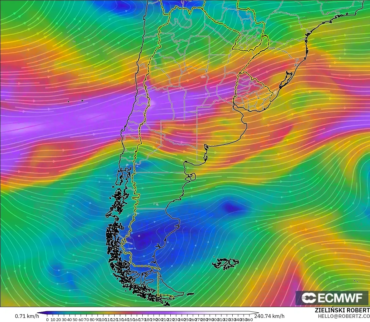 ECMWF IFS 0.25° modelo - Argentina, Viento a 300 hPa (corriente en chorro)