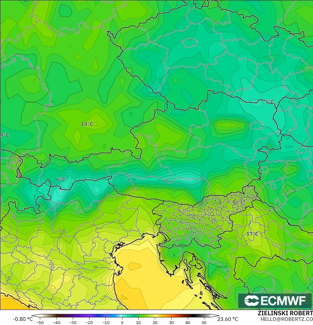 ECMWF IFS 0.25° modelo - Austria, Punto de rocío a 2 m