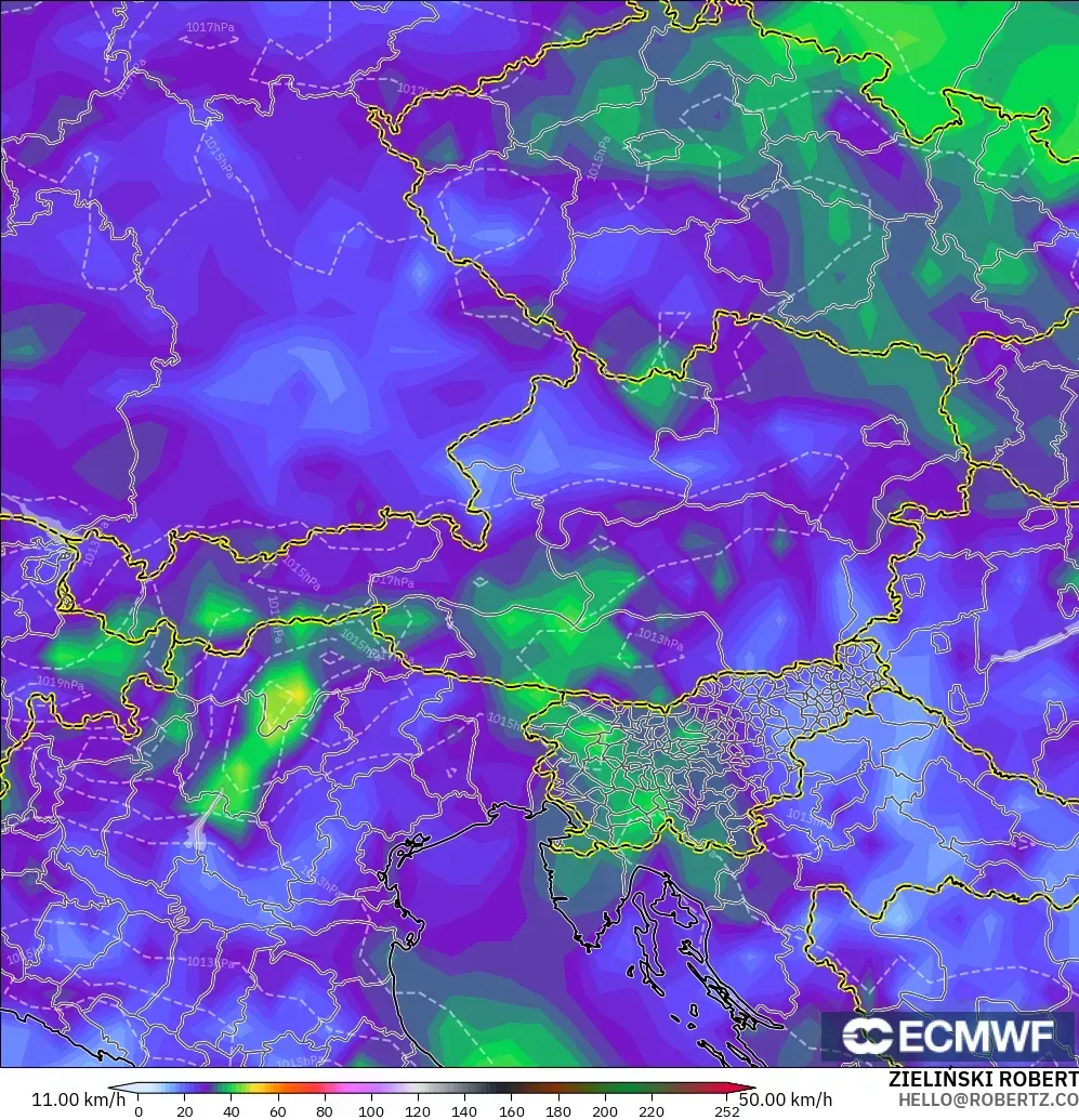 ECMWF IFS 0.25° modelo - Austria, Ráfagas de Viento Máximas