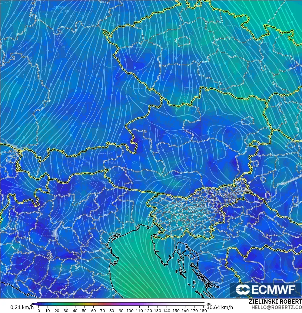 ECMWF IFS 0.25° modelo - Austria, Viento a 10 m