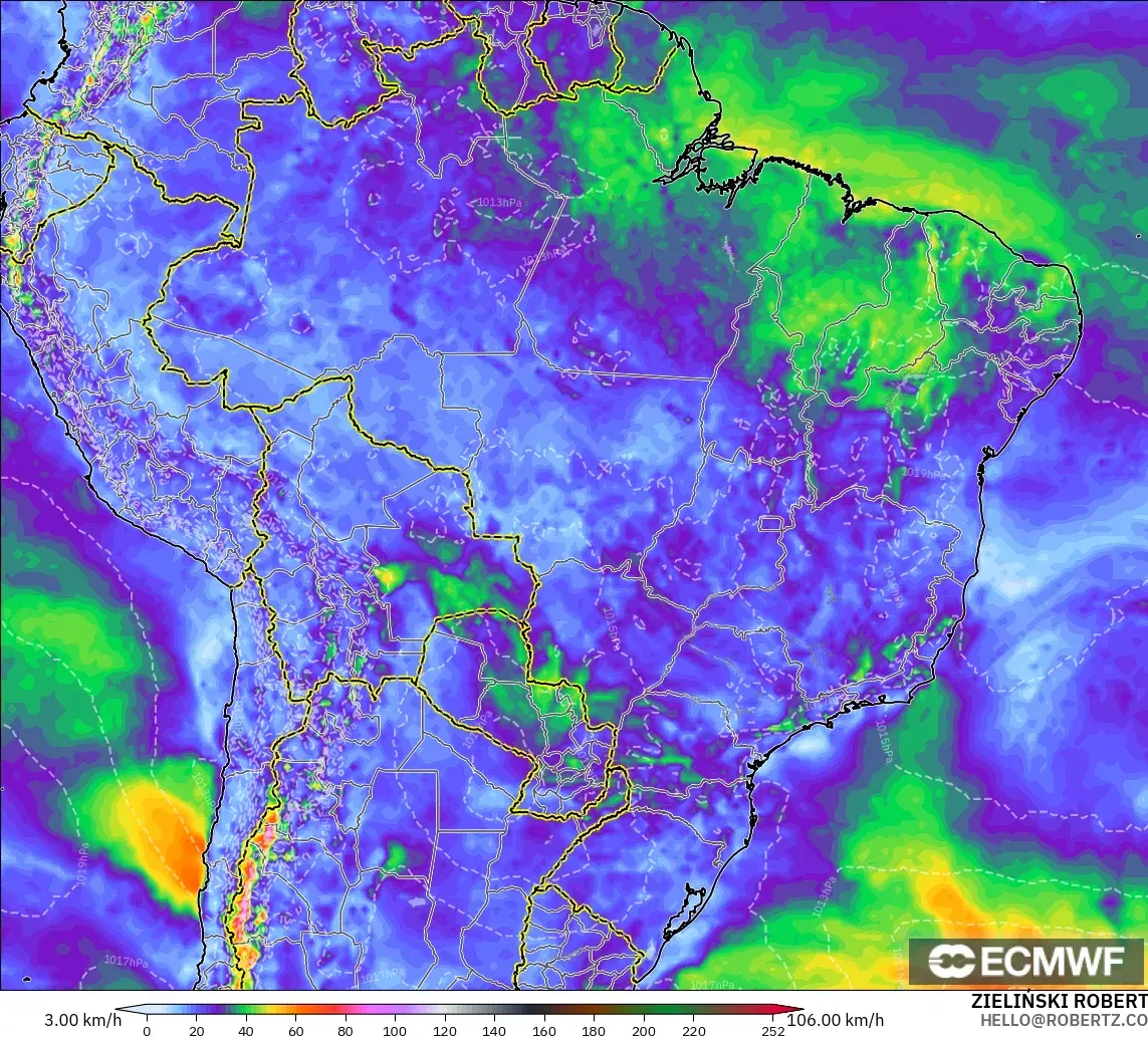 ECMWF IFS 0.25° modelo - Brasil, Ráfagas de Viento Máximas