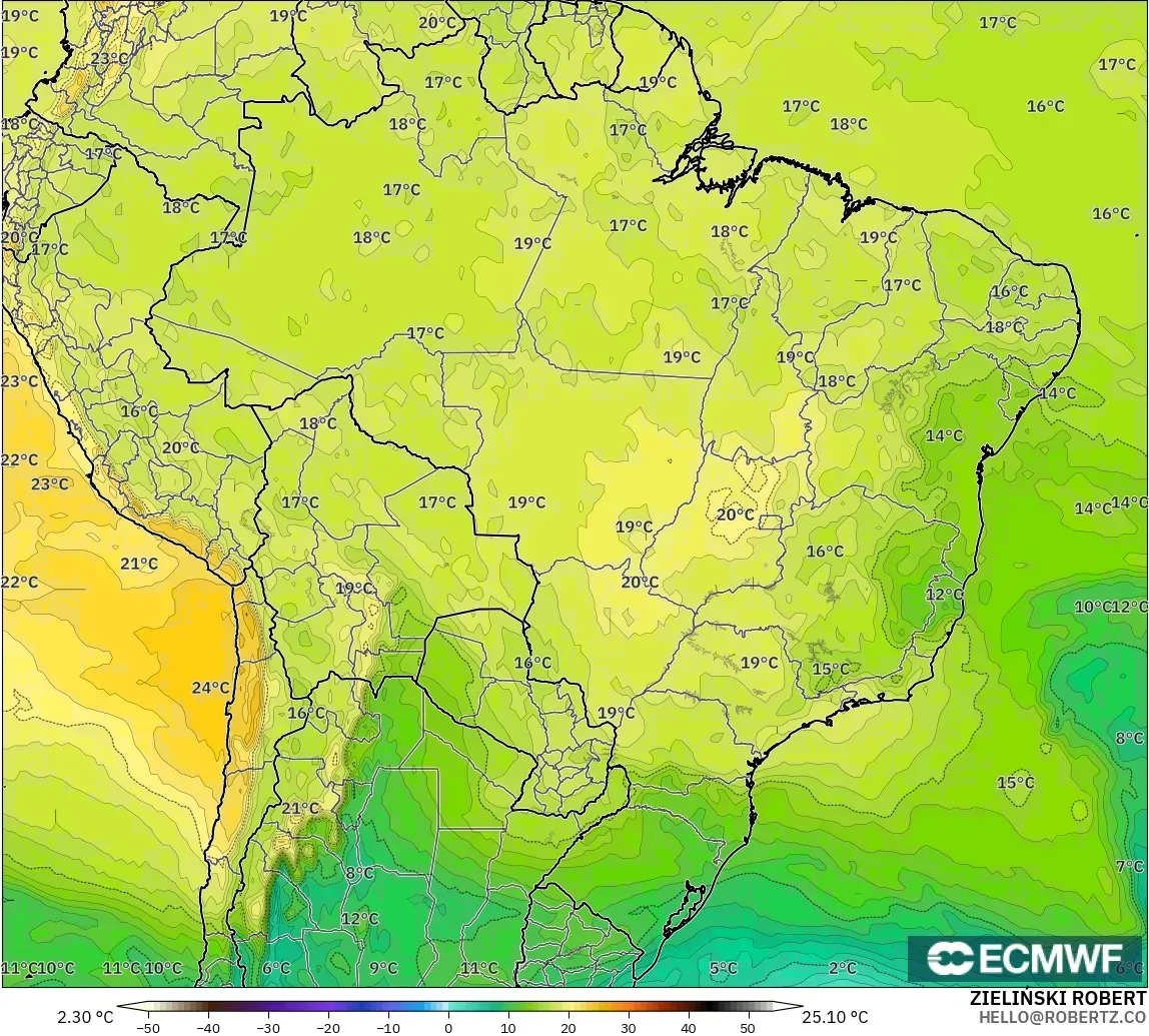 ECMWF IFS 0.25° modelo - Brasil, Temperatura a 850 hPa