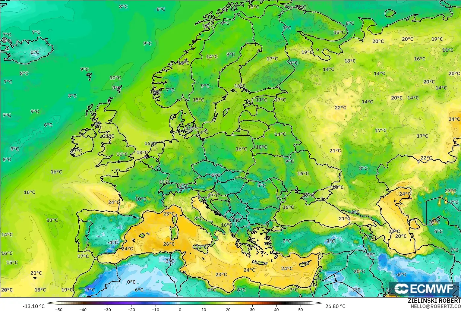 ECMWF IFS 0.25° modelo - Europa, Punto de rocío a 2 m