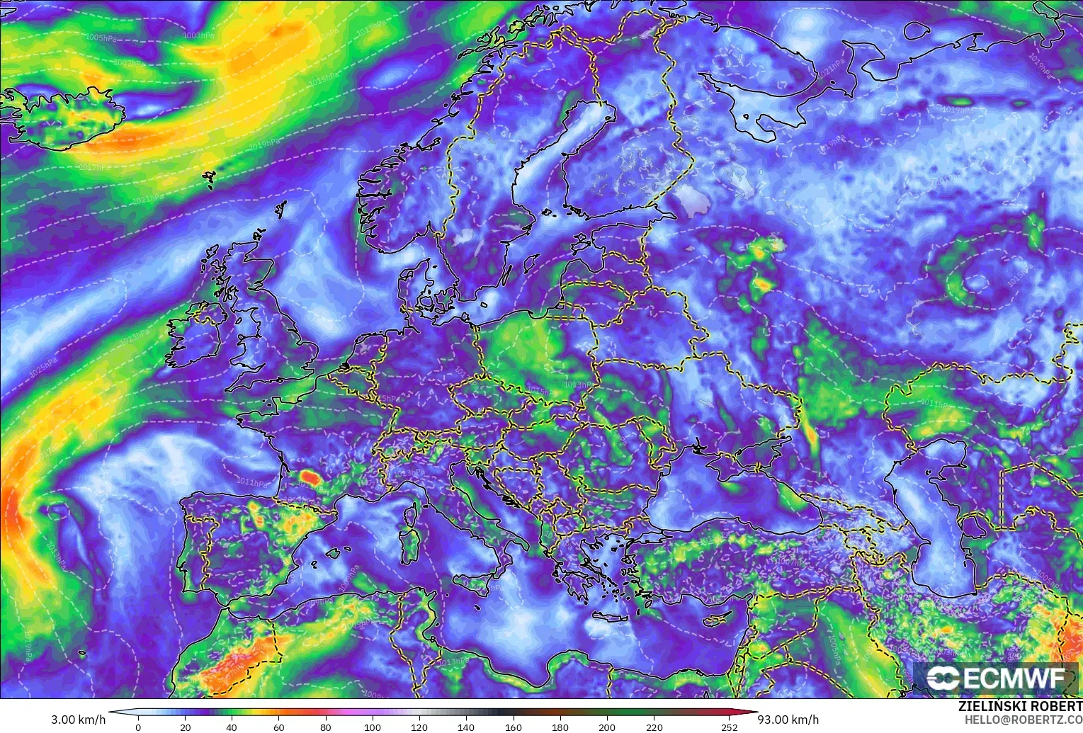 ECMWF IFS 0.25° modelo - Europa, Ráfagas de viento