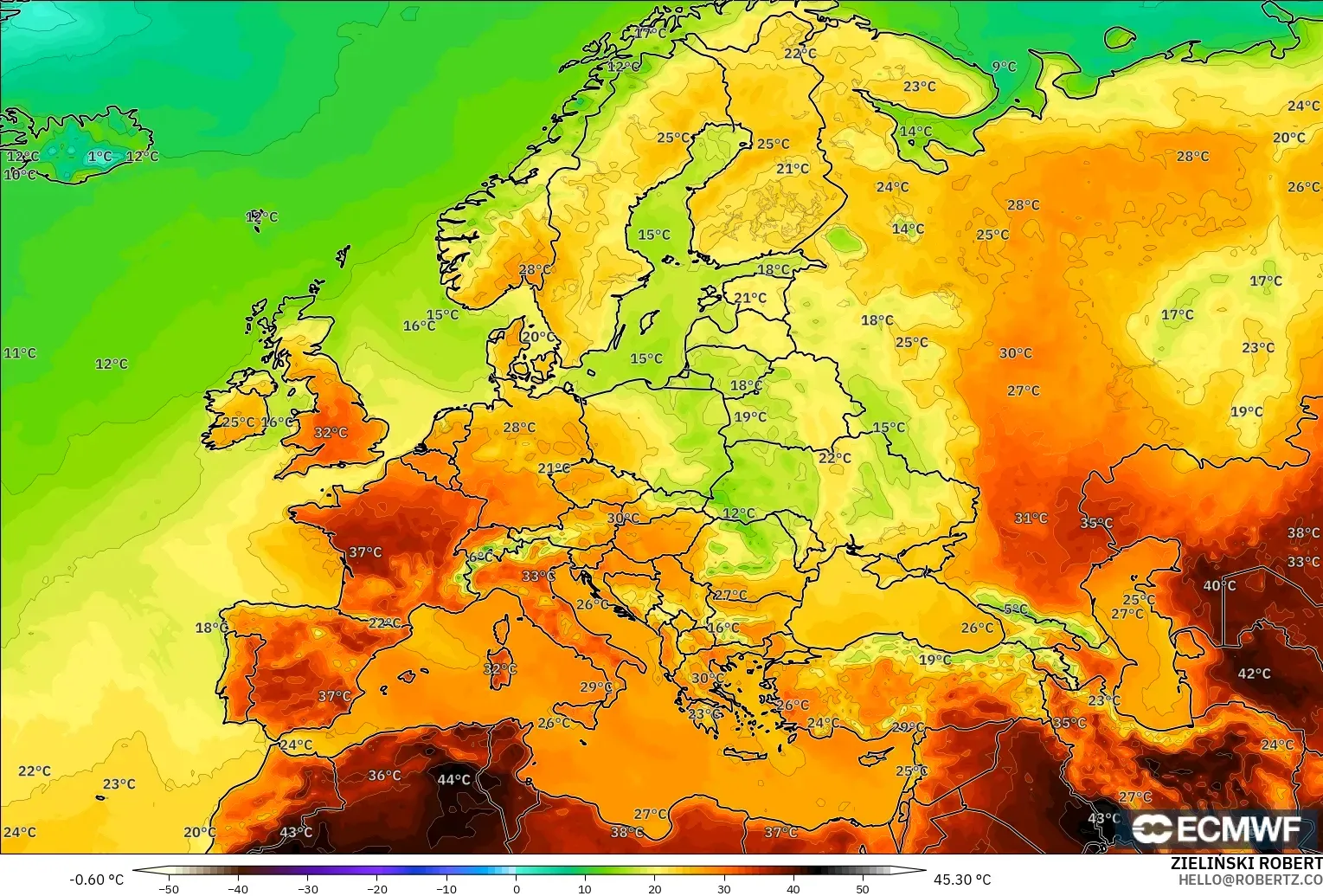 ECMWF IFS 0.25° modelo - Europa, Temperatura a 2 m