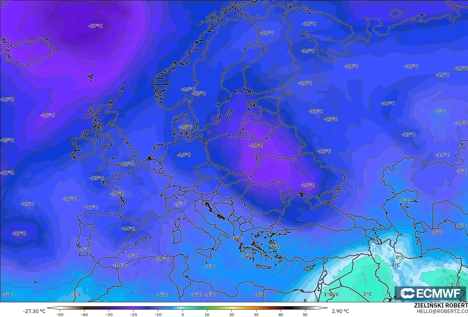 ECMWF IFS 0.25° modelo - Europa, Temperatura a 500 hPa