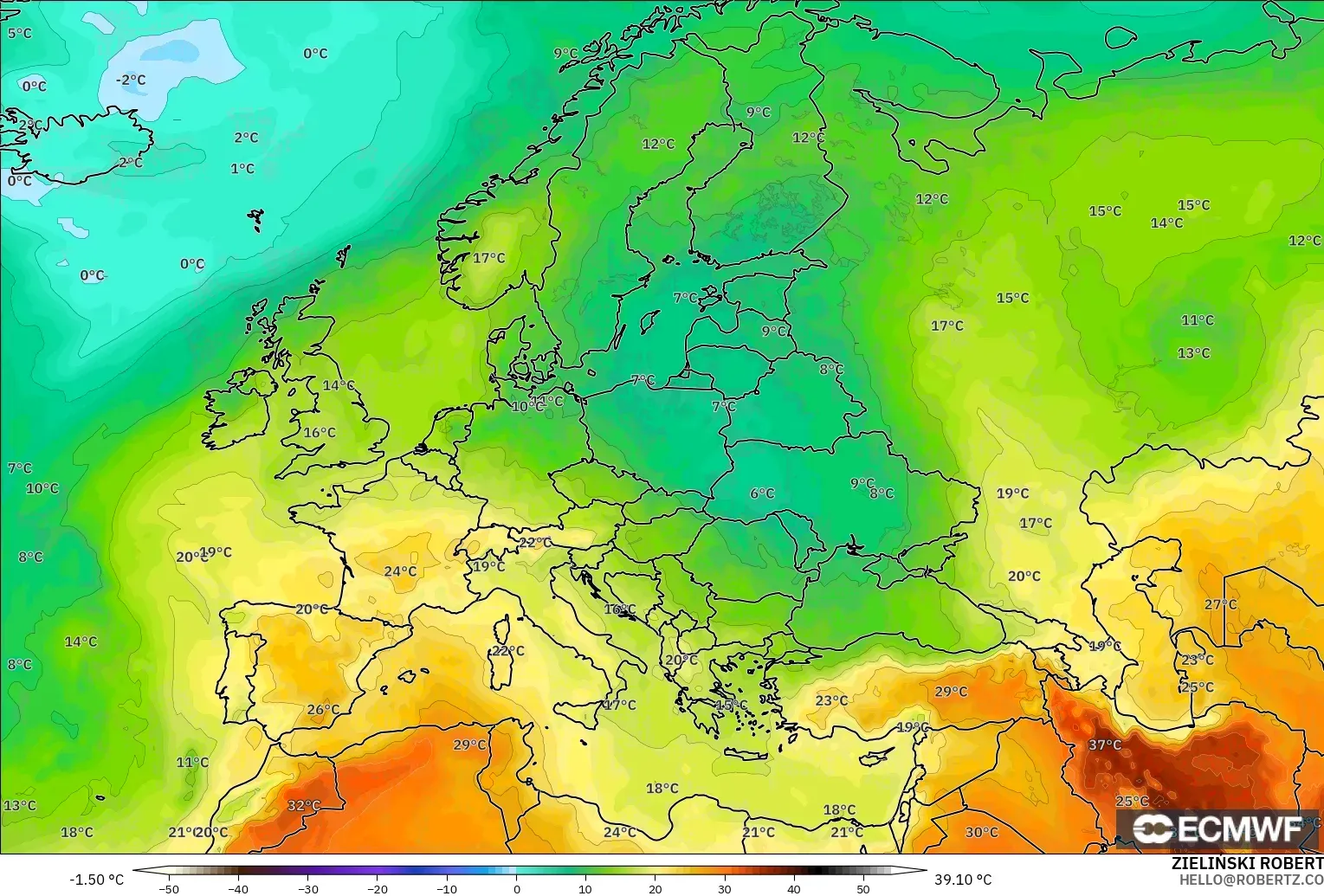 ECMWF IFS 0.25° modelo - Europa, Temperatura a 850 hPa