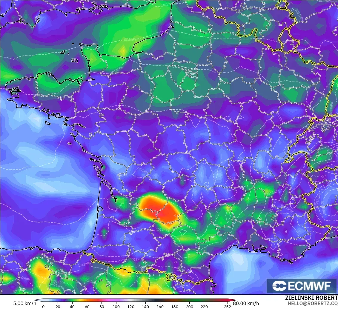 ECMWF IFS 0.25° modelo - Francia, Ráfagas de viento