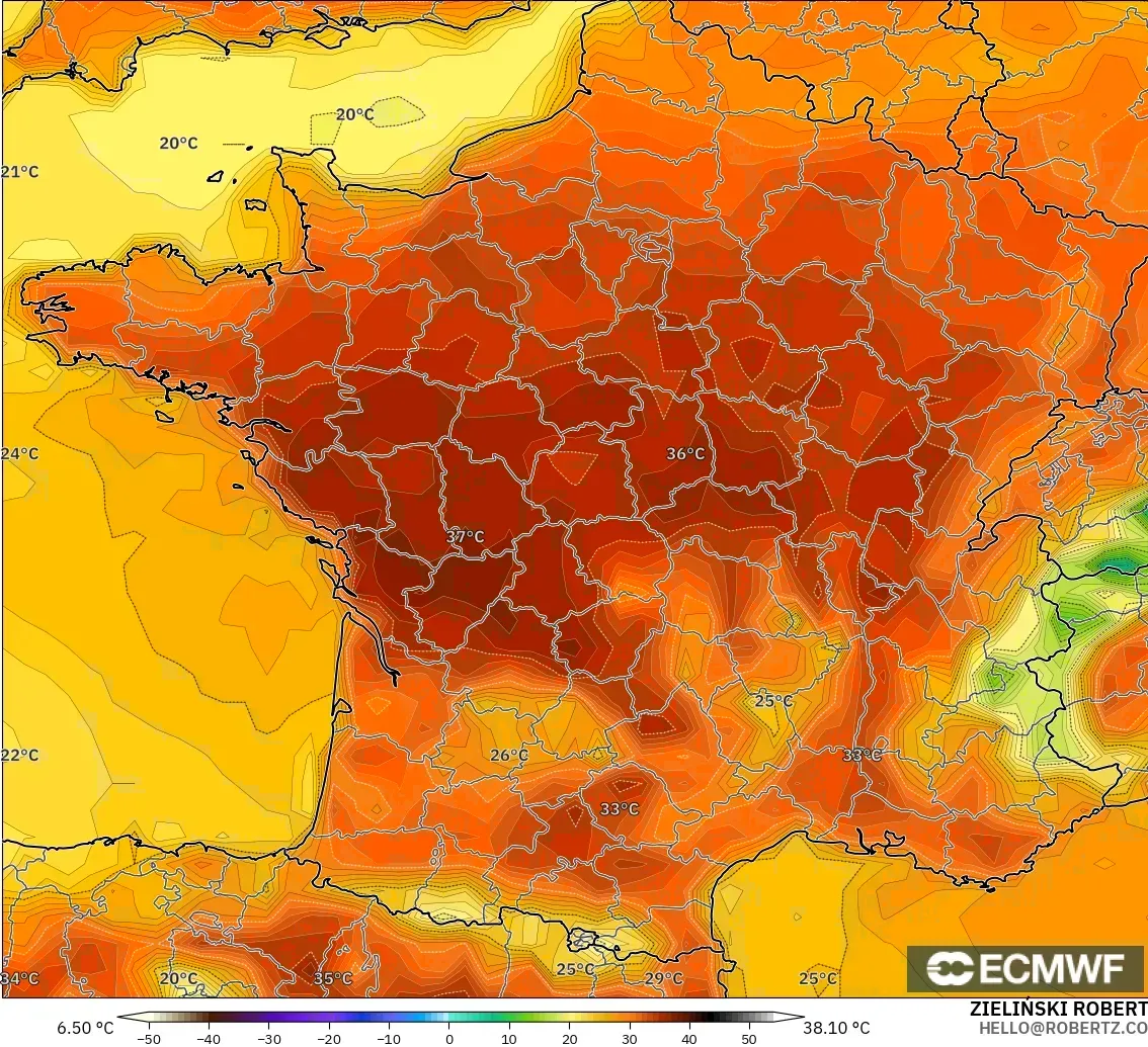 ECMWF IFS 0.25° modelo - Francia, Temperatura a 2 m