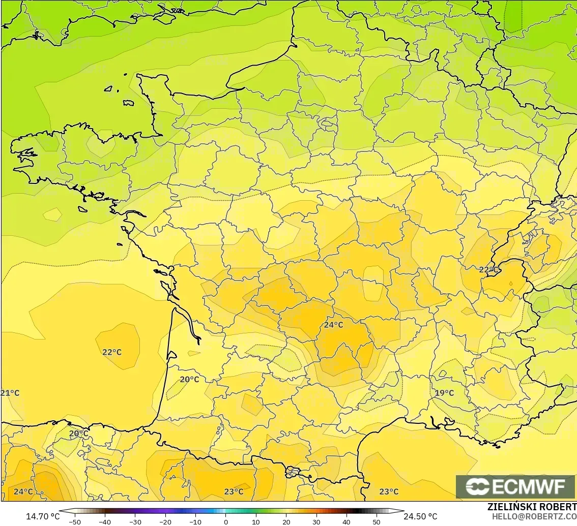 ECMWF IFS 0.25° modelo - Francia, Temperatura a 850 hPa