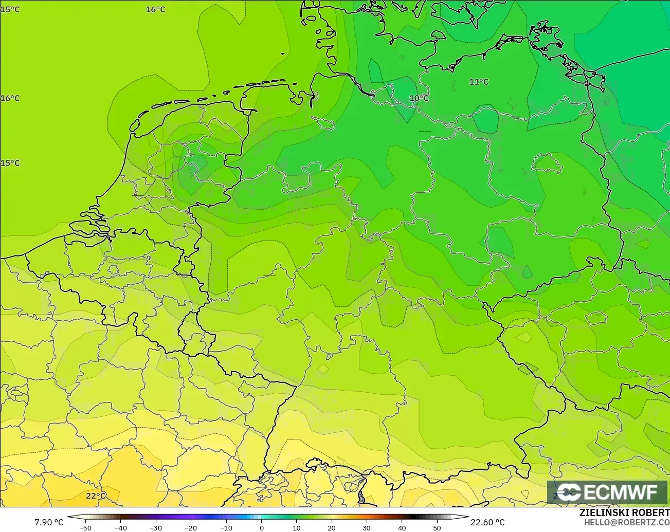 ECMWF IFS 0.25° modelo - Alemania, Temperatura a 850 hPa