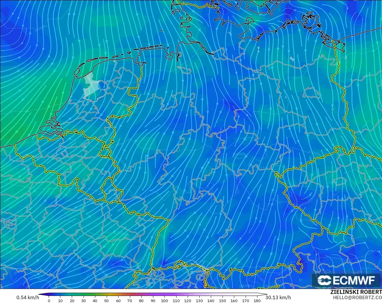 ECMWF IFS 0.25° modelo - Alemania, Viento a 10 m