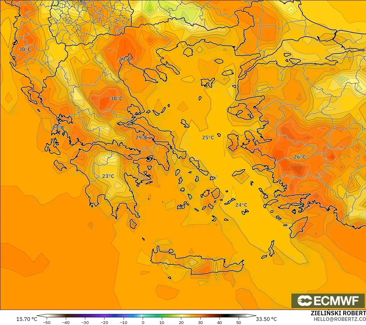 ECMWF IFS 0.25° modelo - Grecia, Temperatura a 2 m