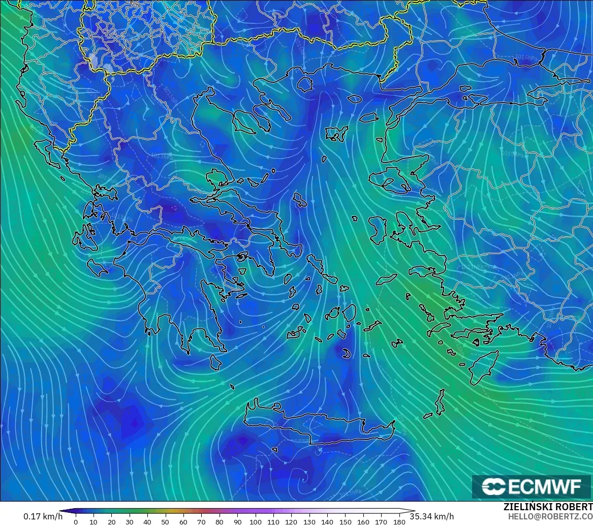 ECMWF IFS 0.25° modelo - Grecia, Viento a 10 m