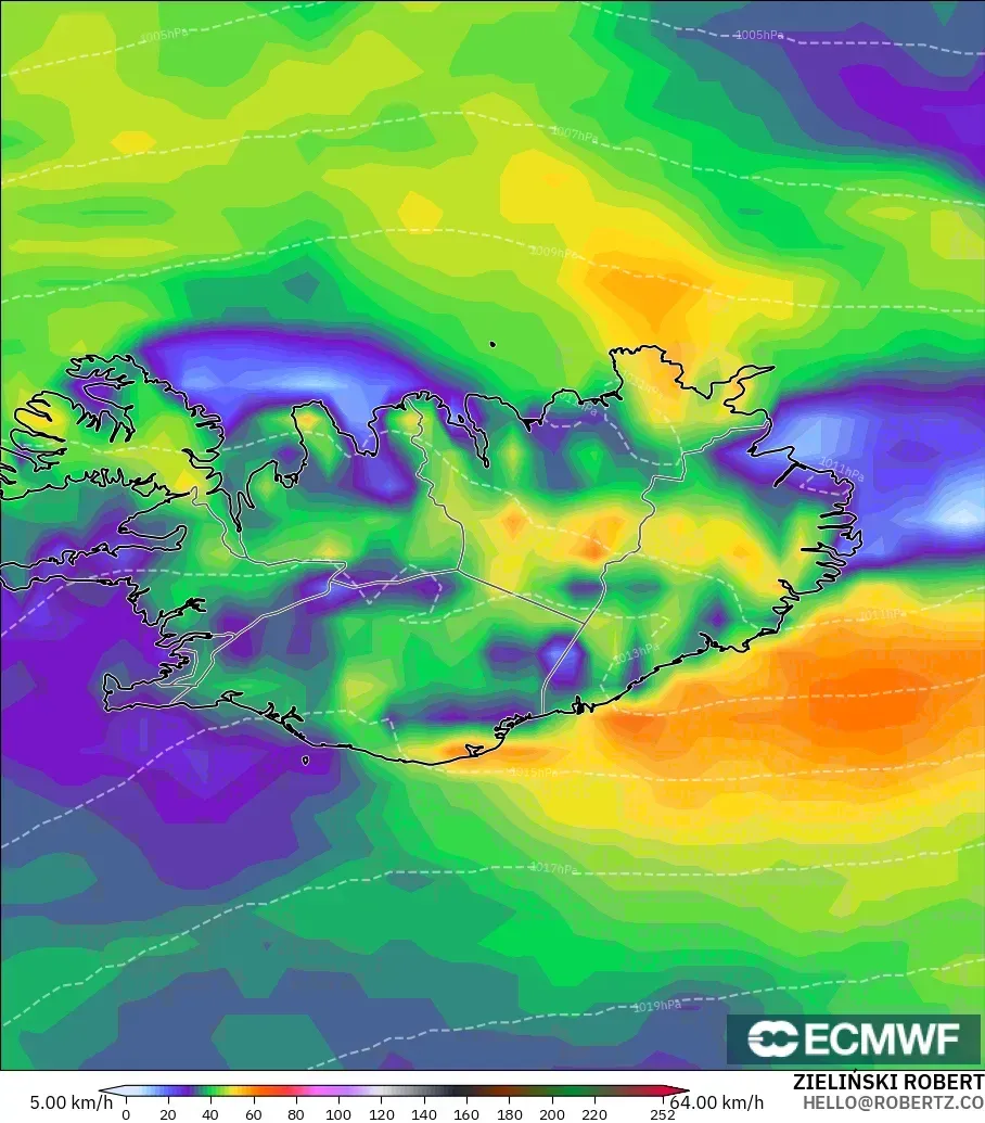 ECMWF IFS 0.25° modelo - Islandia, Ráfagas de Viento Máximas
