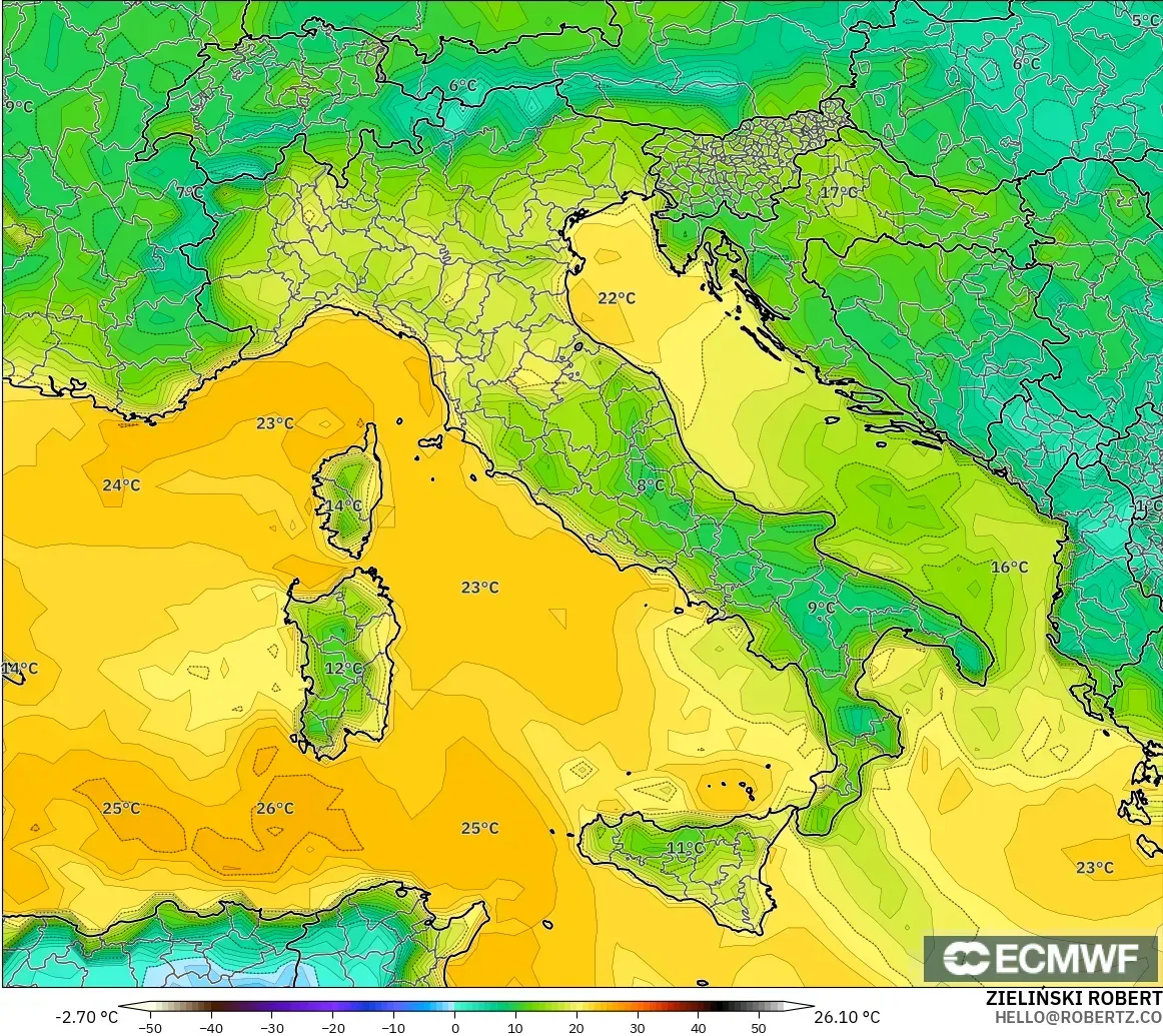 ECMWF IFS 0.25° modelo - Italia, Punto de rocío a 2 m
