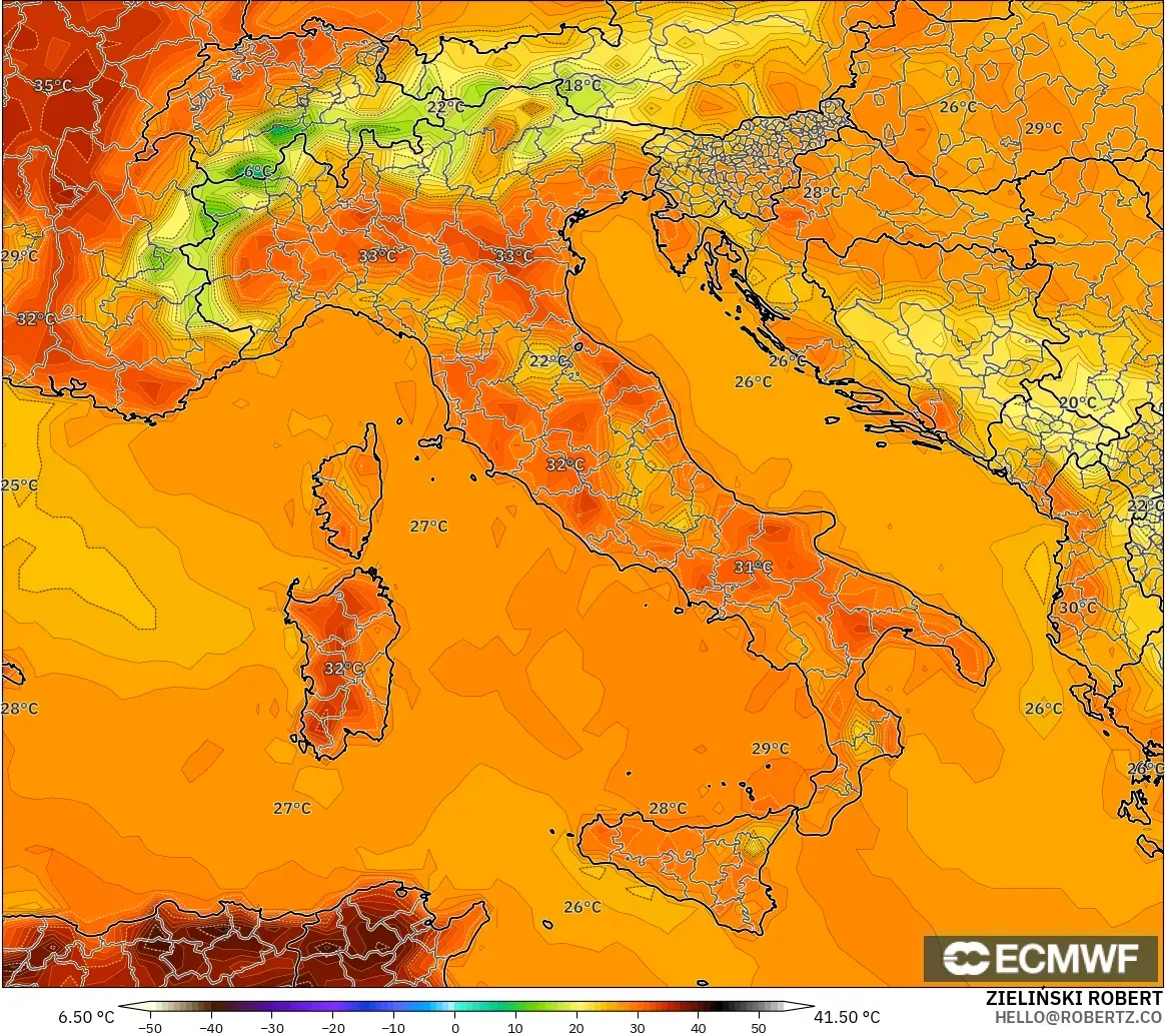 ECMWF IFS 0.25° modelo - Italia, Temperatura a 2 m