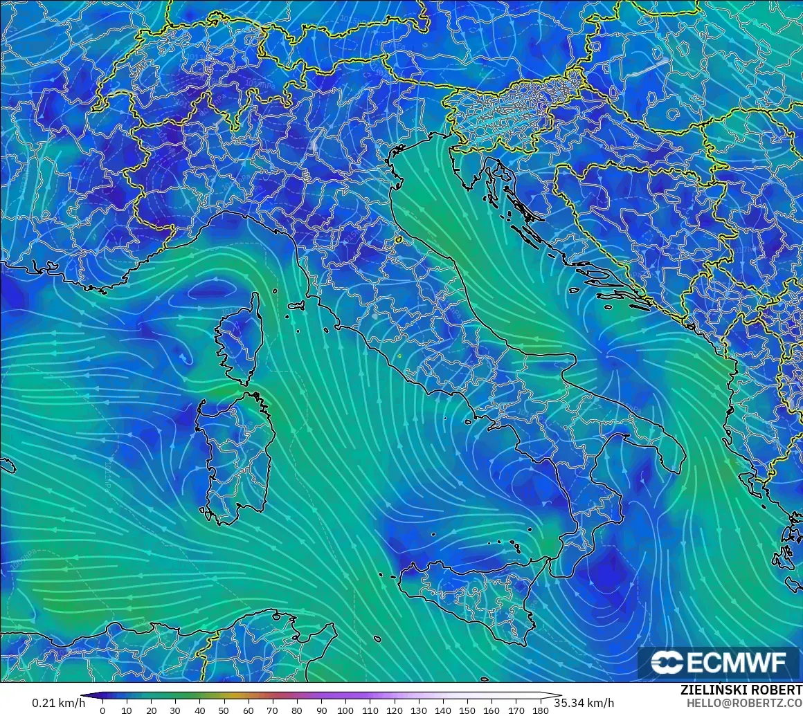 ECMWF IFS 0.25° modelo - Italia, Viento a 10 m