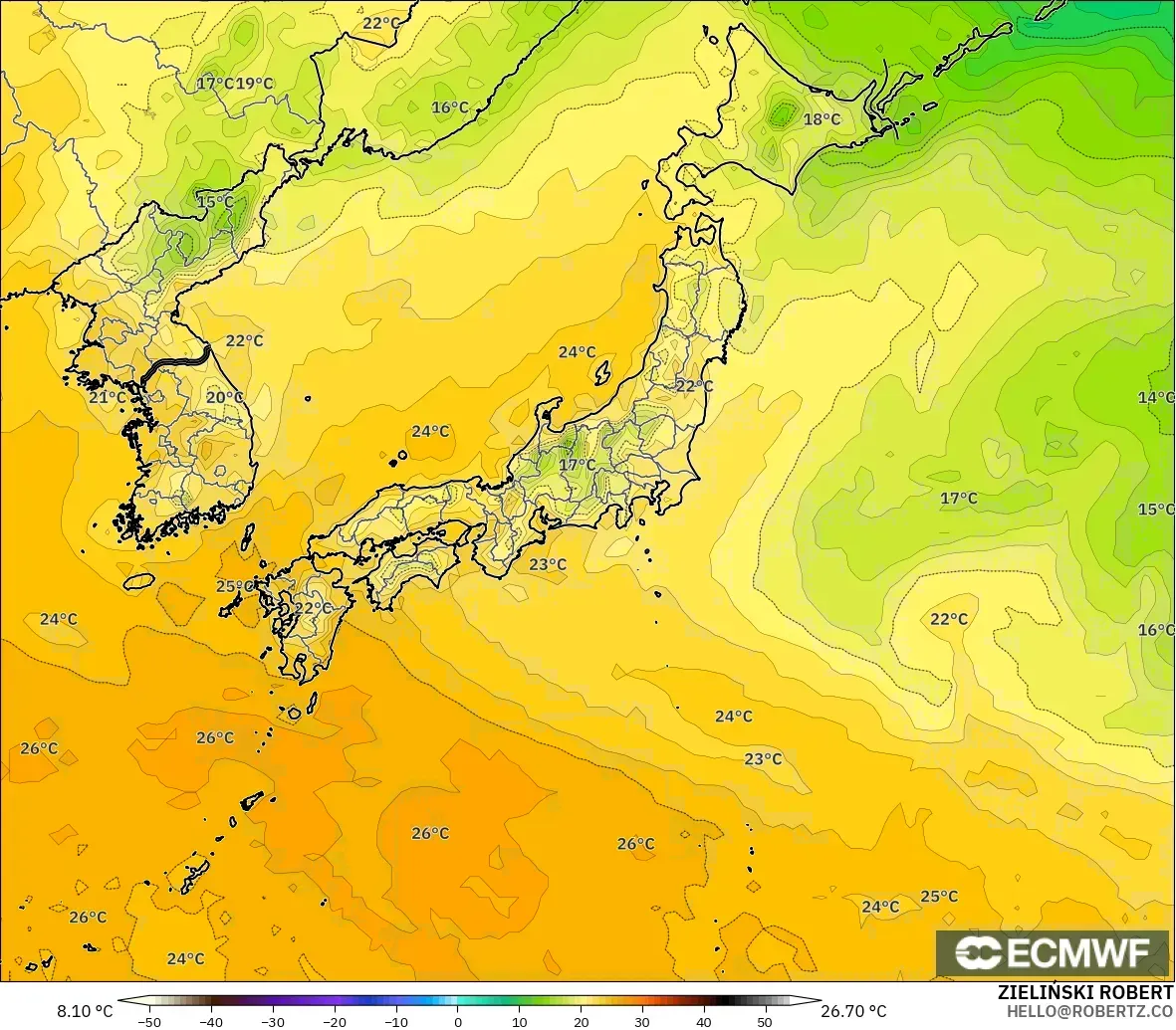 ECMWF IFS 0.25° modelo - Japón, Punto de rocío a 2 m