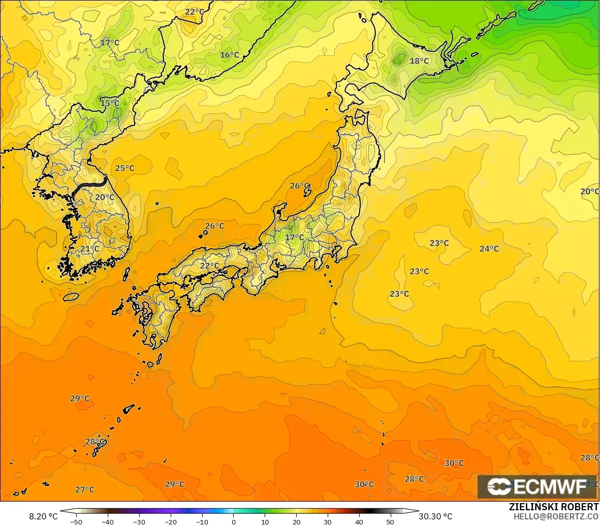 ECMWF IFS 0.25° modelo - Japón, Temperatura a 2 m