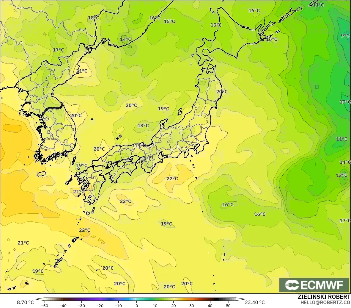 ECMWF IFS 0.25° modelo - Japón, Temperatura a 850 hPa