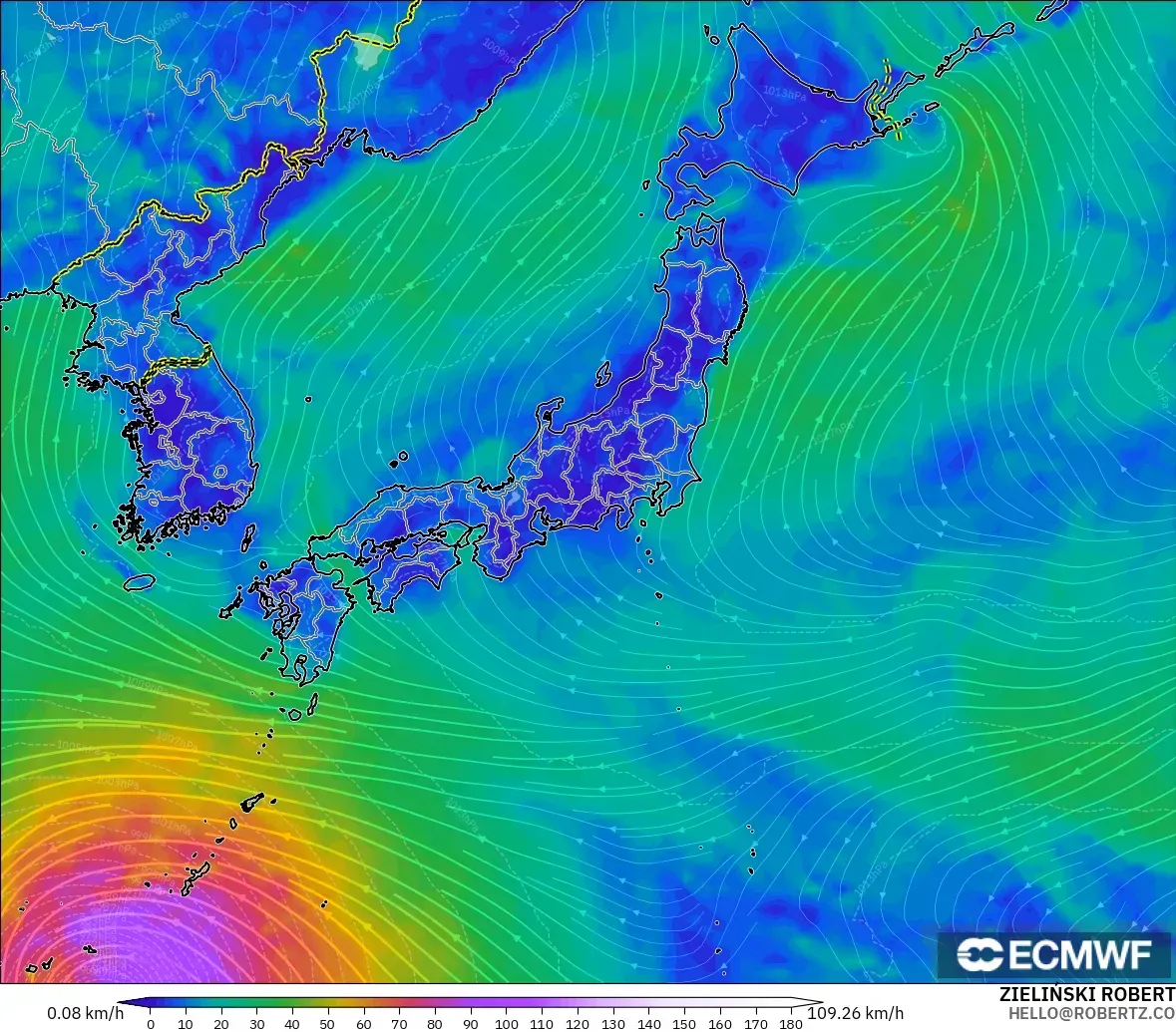 ECMWF IFS 0.25° modelo - Japón, Viento a 10 m