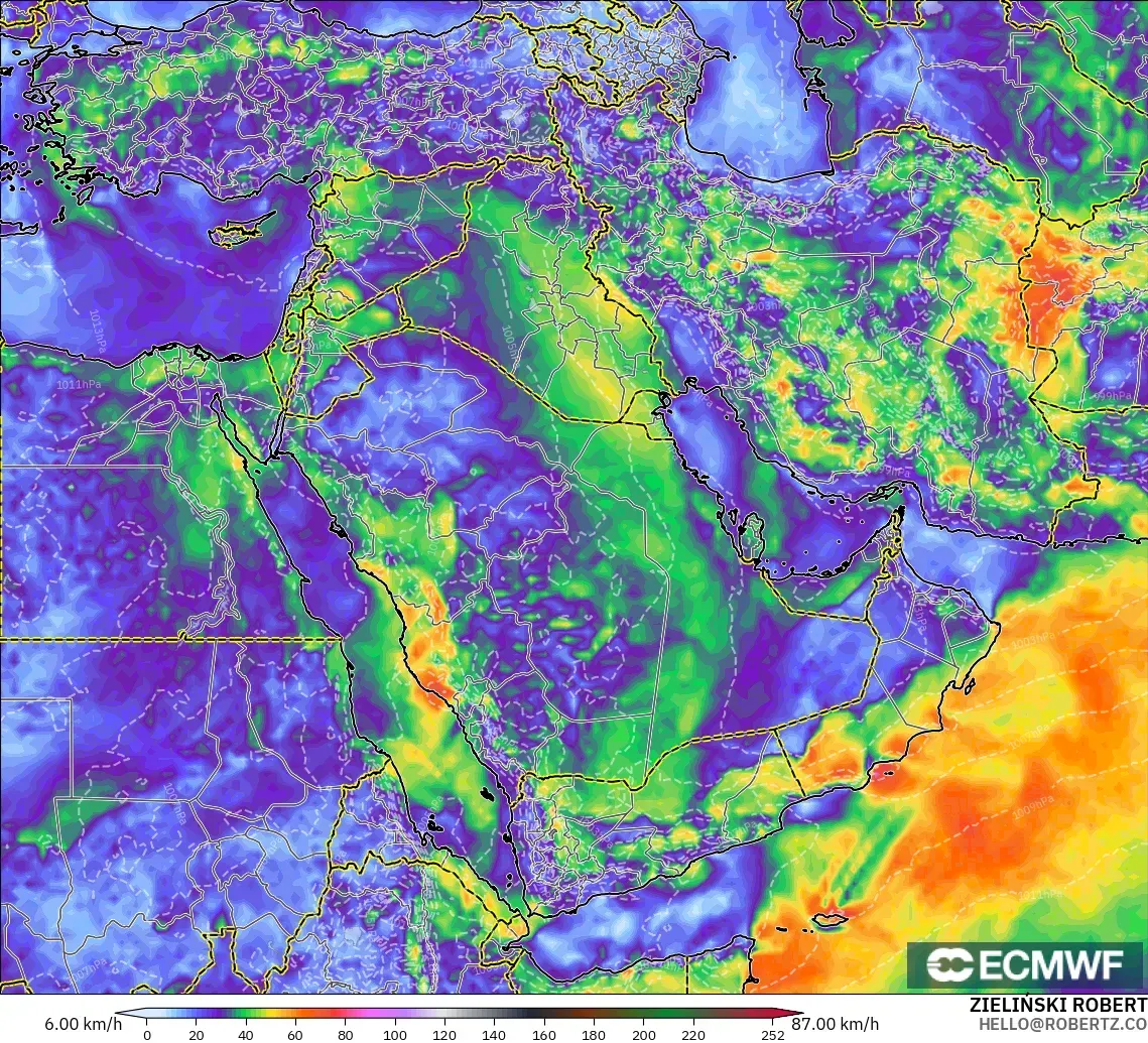 ECMWF IFS 0.25° modelo - Oriente Medio, Ráfagas de viento