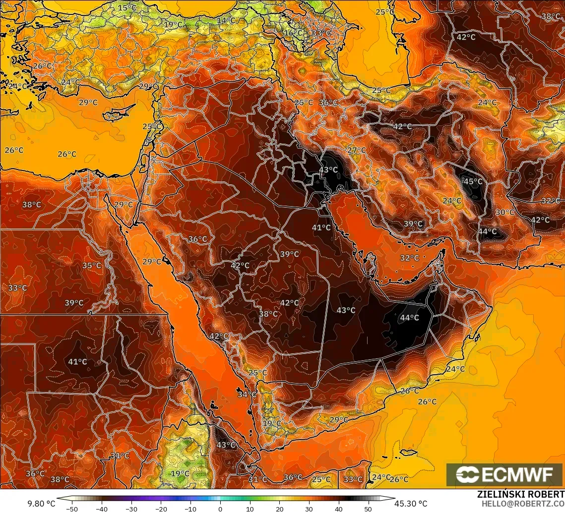 ECMWF IFS 0.25° modelo - Oriente Medio, Temperatura a 2 m