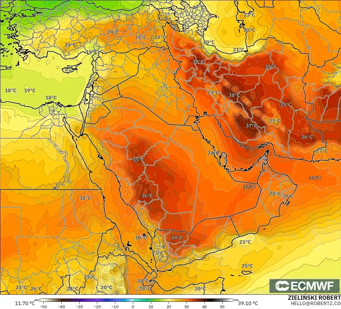 ECMWF IFS 0.25° modelo - Oriente Medio, Temperatura a 850 hPa