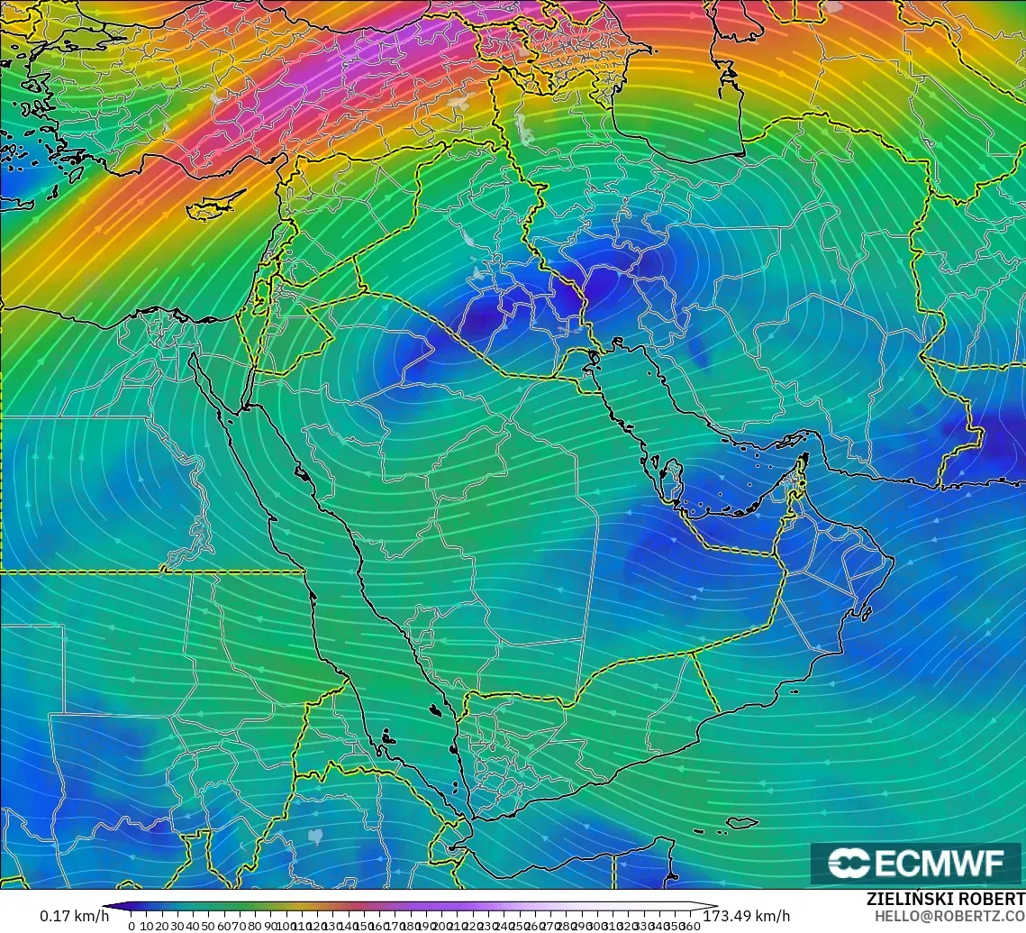 ECMWF IFS 0.25° modelo - Oriente Medio, Viento a 300 hPa (corriente en chorro)